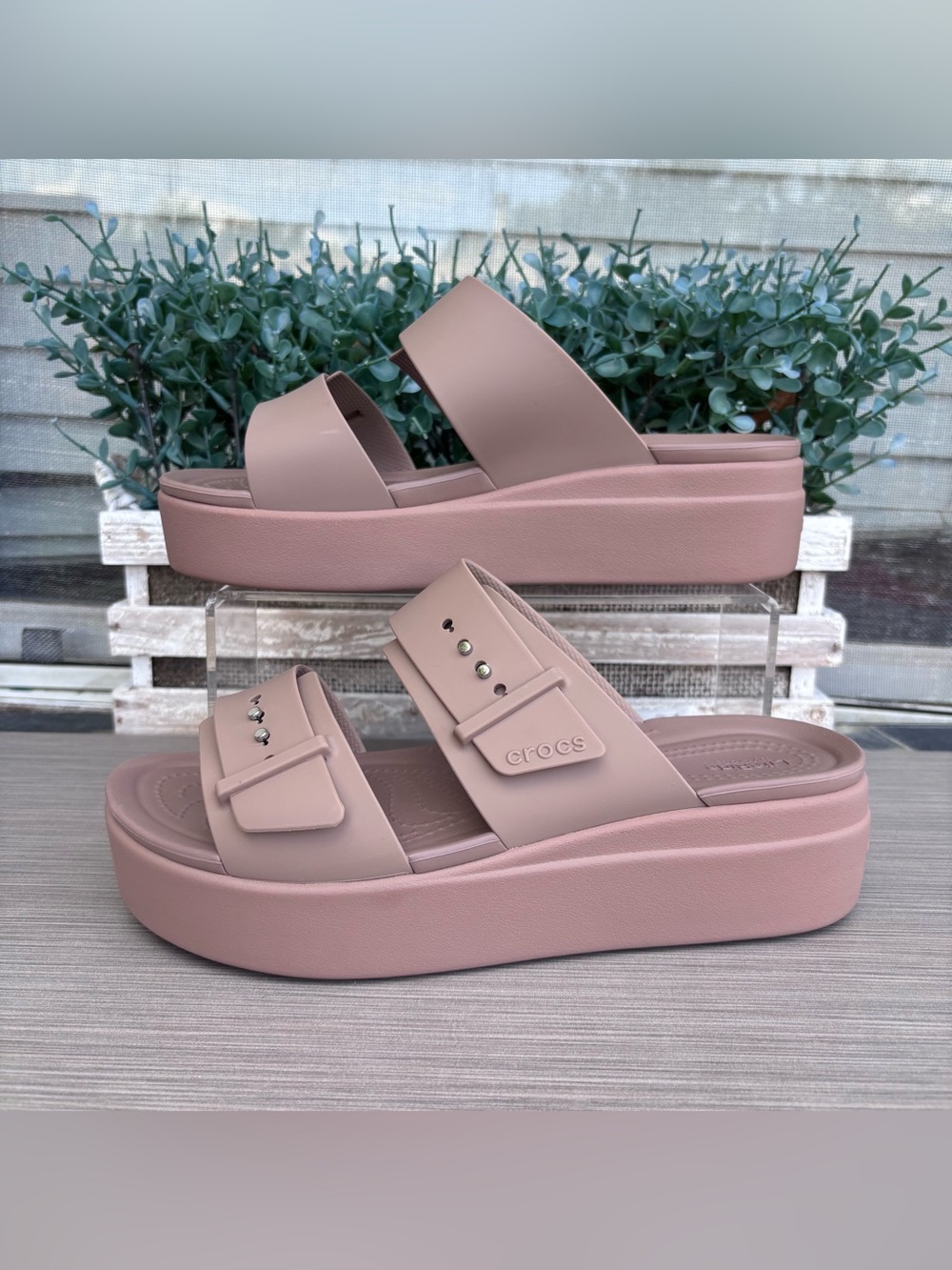 Crocs Women's Brooklyn Buckle Low Wedge Sandals in the color latte